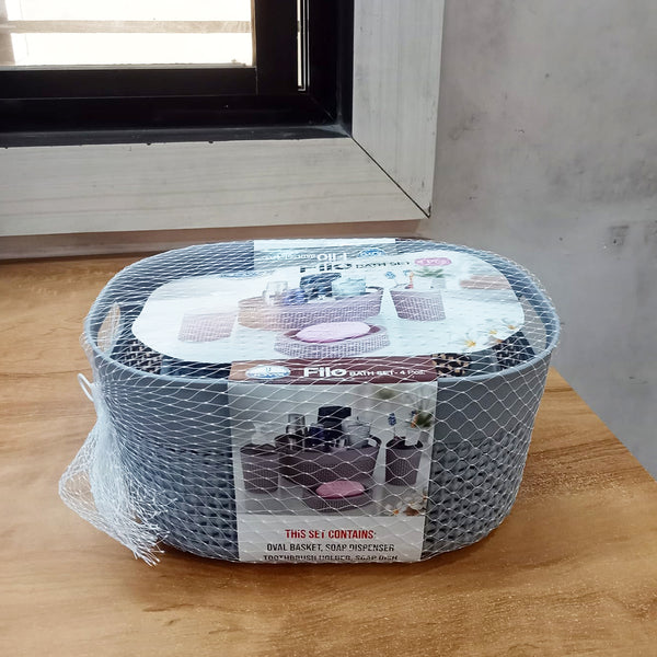 AM5748 JOYO Filo Bath Set - Oval Basket, Liquid Dispenser, Toothbrush Holder, Soap Dish, Brown, 4 pcs