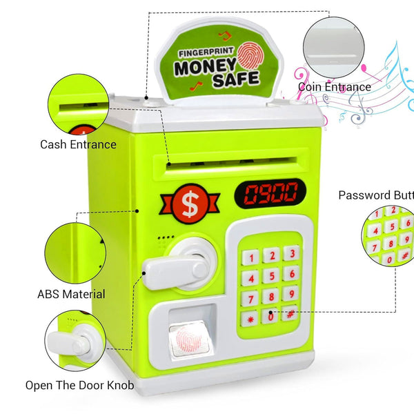 AM6018 Mini ATM Piggy Bank With Fingerprint Sensor - Musical Money Safe for Kids, Cash and Coin Savings