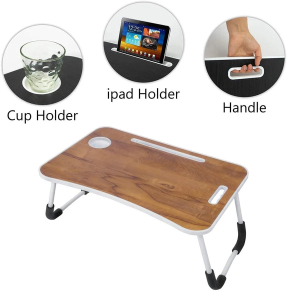 AM5051 Foldable Laptop Study Table with Cup Holder Multipurpose Bed Writing Desk Table for Home School Students (Brown)