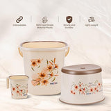 AM3004 Rishabh Supper Flora Plastic Bathroom Set Big Bucket 25 Ltr, Mug 1.5 Ltr, Stool Multicolour Set 3 Piece