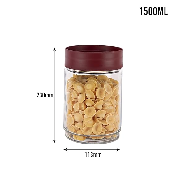 AM0662 CELLO Modustack Glassy Storage Jar | Glass Jar with Lid | Air Tight Steel Lid and Stackable | For Storage of Food, Pulses, Spice, Cereals, Cookies, Dry Food | 1500ml, Maroon