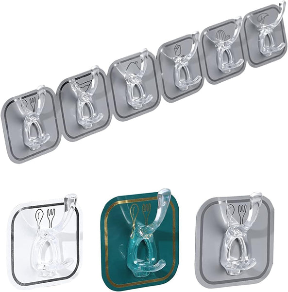 AM5095 Six Hook Sticky Hanger 6 Pc, Multipurpose Wall Hooks, Transparent Plastic Duty Wall Hook for Kitchen Bathroom Office Storage, Wall Mounted Towel Hanger