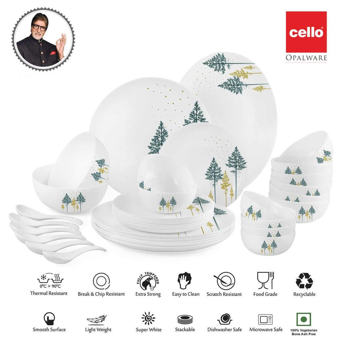 AM0638 Cello Opalware Royale Collection Royale Pine Dinner Set, 33