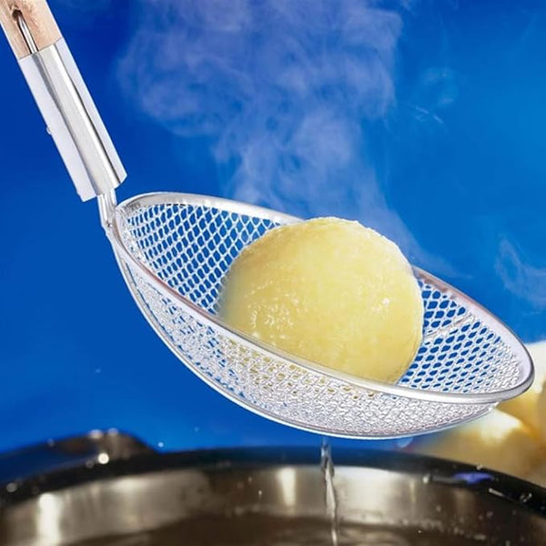 3131 16cm Stainless Steel Strainer Skimmer Deep Fry Jhara with U Shape Wooden Handle