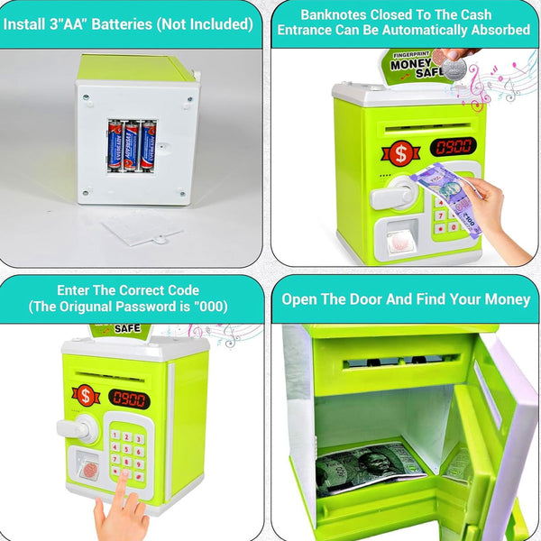 AM6018 Mini ATM Piggy Bank With Fingerprint Sensor - Musical Money Safe for Kids, Cash and Coin Savings