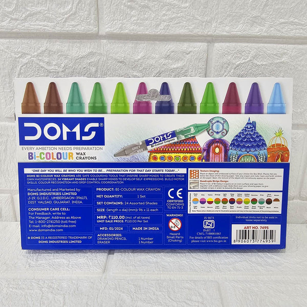 AM6104 Doms Bi-Colour Wax Crayons – 24 Vibrant Shades, Non-Toxic & Smooth Coloring for Kids