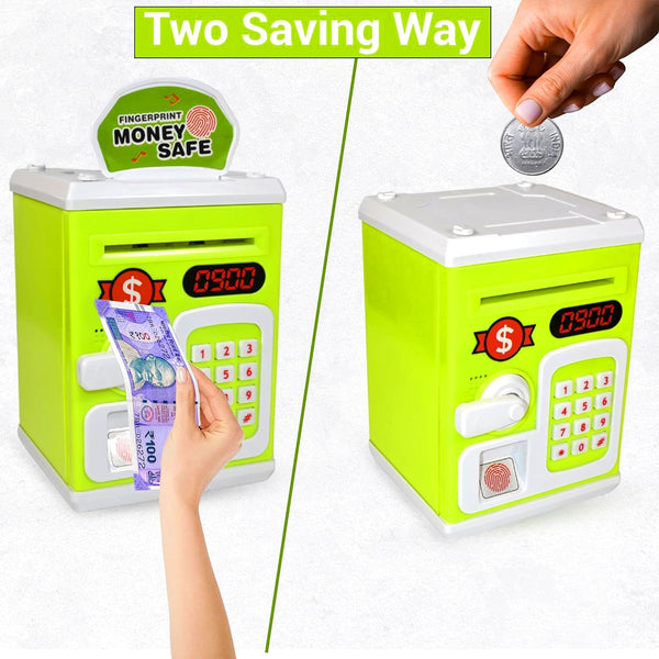 AM6018 Mini ATM Piggy Bank With Fingerprint Sensor - Musical Money Safe for Kids, Cash and Coin Savings
