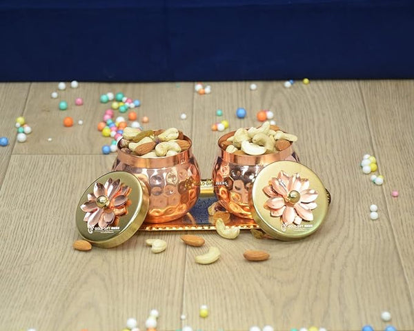 AM0720 Gold Plated Pot Shape Dry Fruit Bowl with Tray (Flower Design),