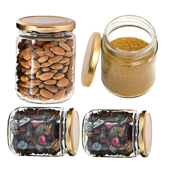 AM3010 Round Small Glass Jar With Golden Lid (446ml) - For Kitchen Storage And Transparent 1 Pcs