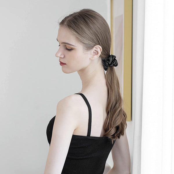 AM1285 Black Silk Hair Ties for Women Girls with Elastic Band - 1pc