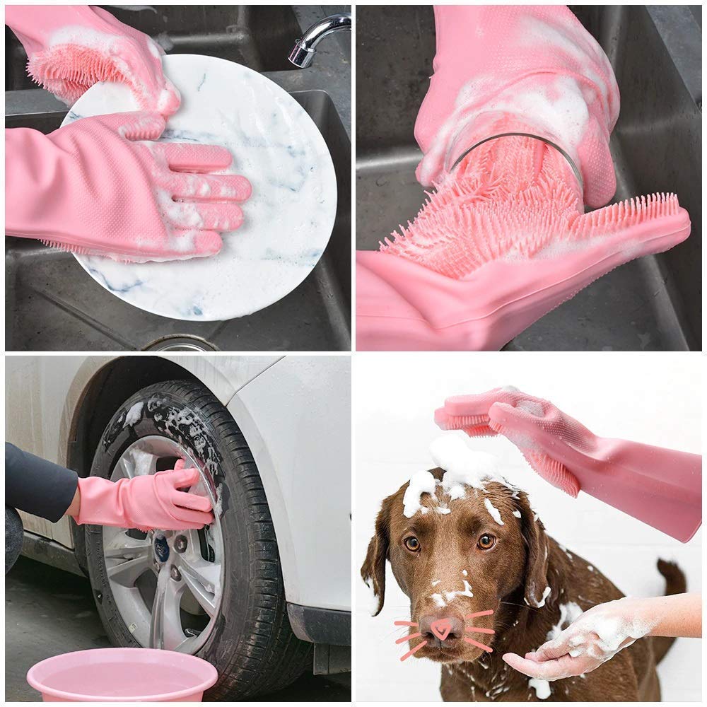 0714 Reusable Silicone Cleaning Brush Scrubber Gloves (Multicolor