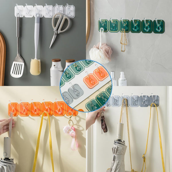 AM5095 Six Hook Sticky Hanger 6 Pc, Multipurpose Wall Hooks, Transparent Plastic Duty Wall Hook for Kitchen Bathroom Office Storage, Wall Mounted Towel Hanger