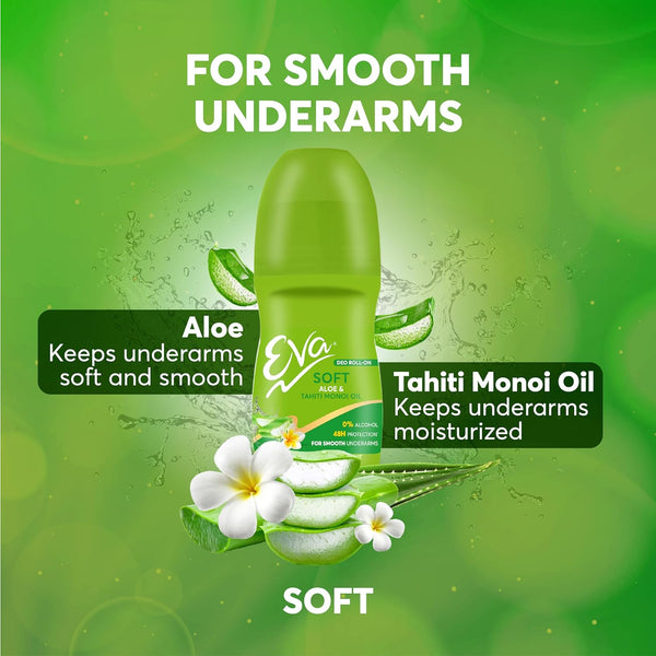 AM0682 Eva Soft Underarm Roll on Deodorant 25ml | With Tahiti Monoi Oil and Aloe Extracts | Alcohol and Aluminium Free | 48 H Protection from Odour | Keeps Underarms Soft & Smooth | Skin Friendly | For