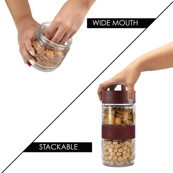 AM0661 CELLO Modustack Glassy Storage Jar | Glass Jar with Lid | Air Tight Steel Lid and Stackable | For Storage of Food, Pulses, Spice, Cereals, Cookies, Dry Food | 1000ml, Maroon