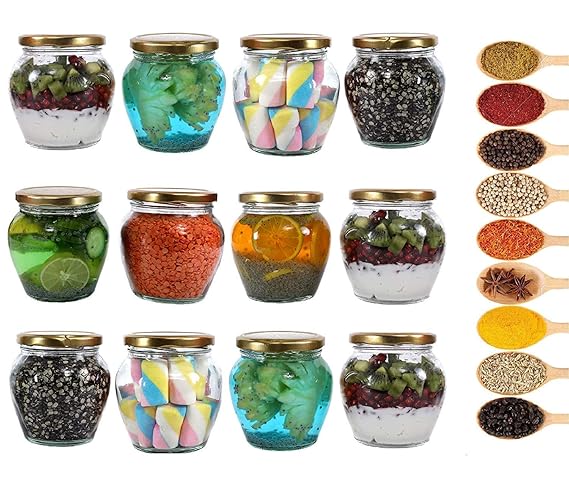 AM3012 Matka Shape Glass Jar Transparent Container Air Tight Golden Lid