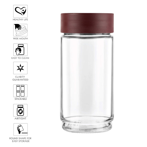 AM0661 CELLO Modustack Glassy Storage Jar | Glass Jar with Lid | Air Tight Steel Lid and Stackable | For Storage of Food, Pulses, Spice, Cereals, Cookies, Dry Food | 1000ml, Maroon