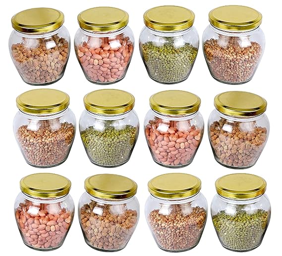 AM3012 Matka Shape Glass Jar Transparent Container Air Tight Golden Lid