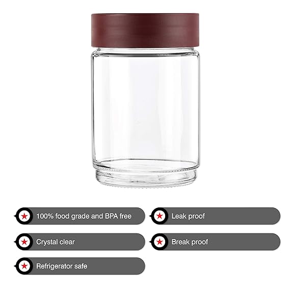 AM0662 CELLO Modustack Glassy Storage Jar | Glass Jar with Lid | Air Tight Steel Lid and Stackable | For Storage of Food, Pulses, Spice, Cereals, Cookies, Dry Food | 1500ml, Maroon