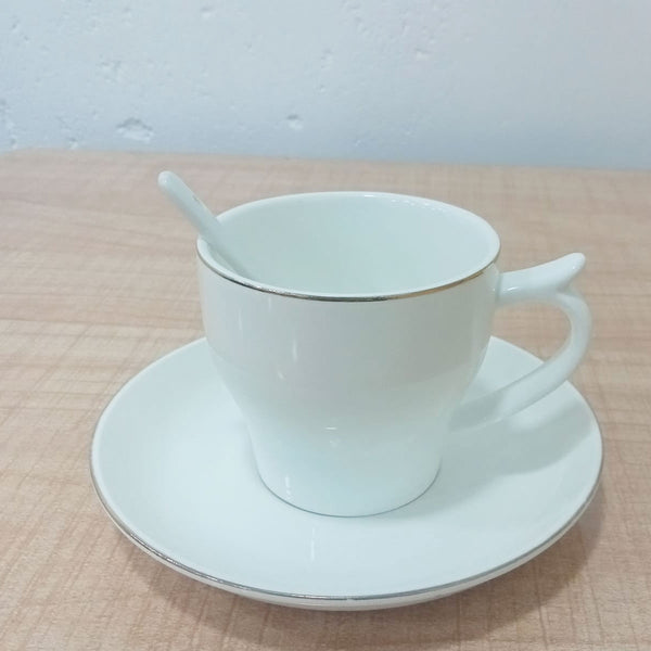 AM5956 Luxury White Porcelain Cup, Saucer & Spoon Set with Golden Stand – 18 Pieces