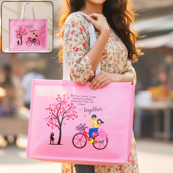 AM6281 Big Love Theme Pink Jute Bag - Reusable Shopping & Gift Carry Bag