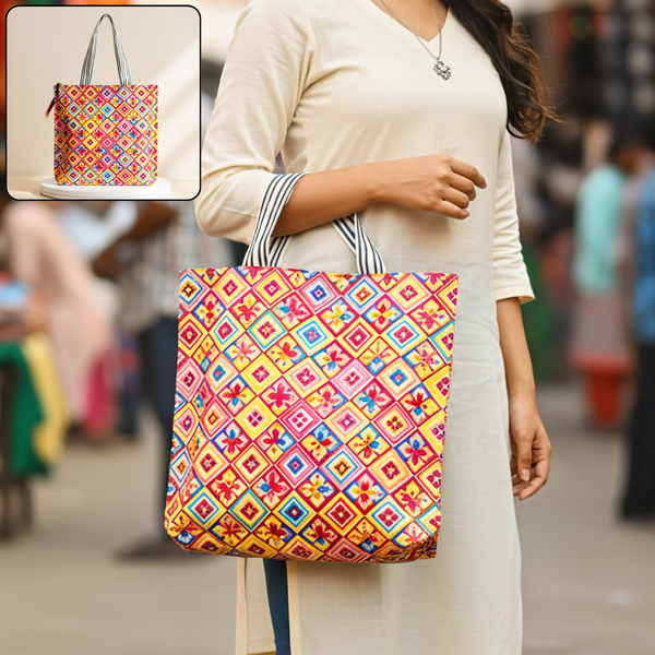 AM6282 Medium Vibrant Geometric & Floral Print Zipper Jute Bag - Reusable Shopping and Carry Bag