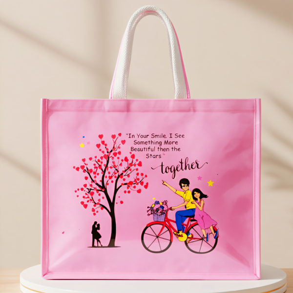AM6281 Big Love Theme Pink Jute Bag - Reusable Shopping & Gift Carry Bag