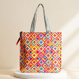 AM6282 Medium Vibrant Geometric & Floral Print Zipper Jute Bag - Reusable Shopping and Carry Bag