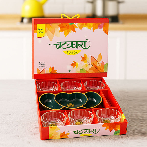 Di0351 Chatkara 7-Piece Glass & Snack Set with Heart Platters