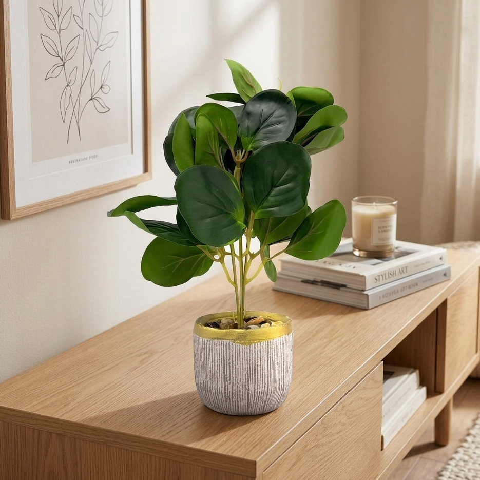 eucalyptus money plant AM7453 Artificial Eucalyptus Money Plant in Gold-Rimmed Textured Pot – Amd-Deodap