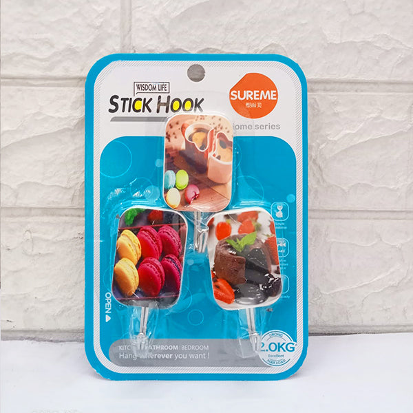 AM5215 Plastic Printed Fancy Self Adhesive Printed Waterproof Adhesive Strong Wall Hook, Multicolour (Multi Design & Color) 3 Pcs