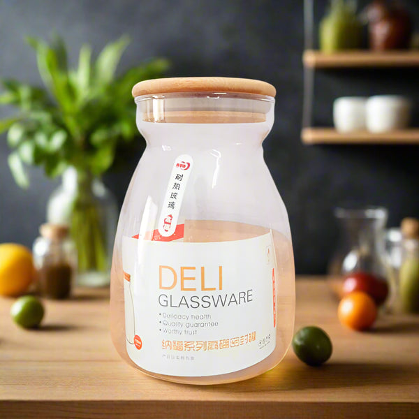 AM5382 DELI SOGA AIRTIGHT GLASS STORAGE JAR WITH BAMBOO LID, 1100 ML, 1 PIECE (GPG31-3)