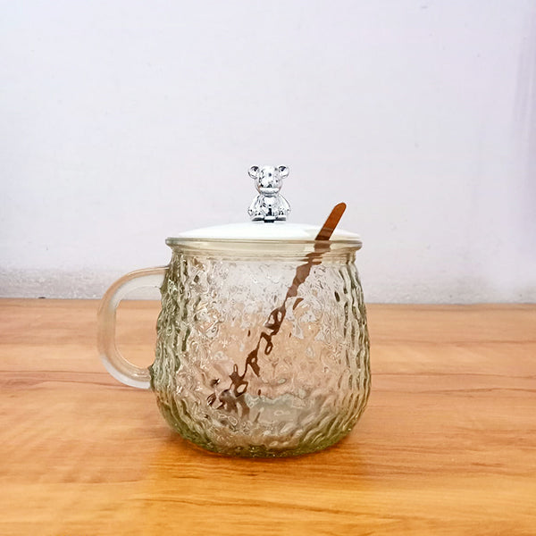 AM5059 Glass Textured Coffee Mug with Lid and Spoon - Transparent