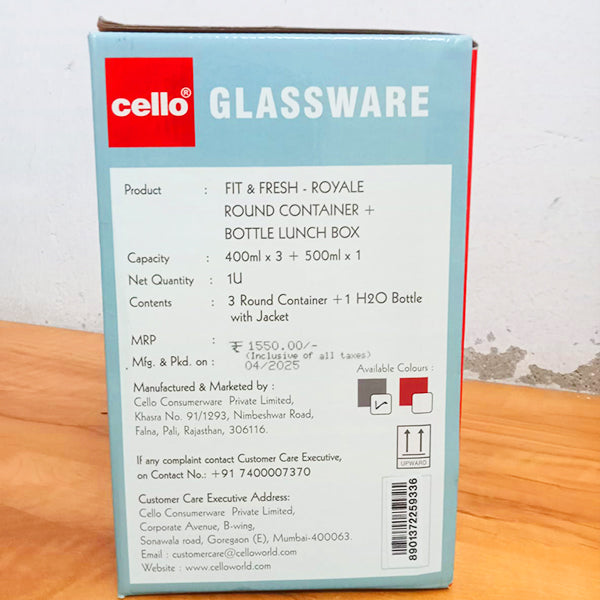AM5450 Cello Royale Round Glass Lunch Box 400ml x 3 N with Jacket & Glass Water Bottle 500ml with 2 Spoons (Pack of 4Pc)