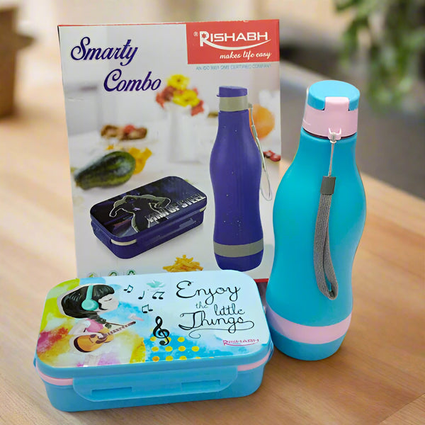 AM5165 Rishabh Plastic Insulated Water Bottle 1 And Plastic Lunch Box Combo Leak Proof Tiffin Bottle For Kids School Office Colour Assorted Pack Of 2