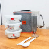 AM5450 Cello Royale Round Glass Lunch Box 400ml x 3 N with Jacket & Glass Water Bottle 500ml with 2 Spoons (Pack of 4Pc)