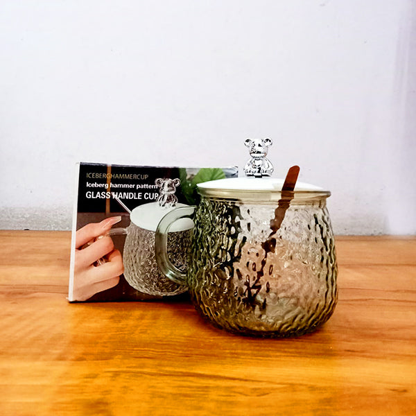 AM5059 Glass Textured Coffee Mug with Lid and Spoon - Transparent