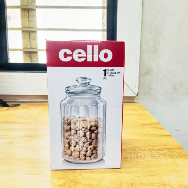 AM5677 CELLO Bloom Storage Glass Jar (1300ml) for Cookie Jar, with Air Tight for Kitchen Dried Masala (Pack 1)