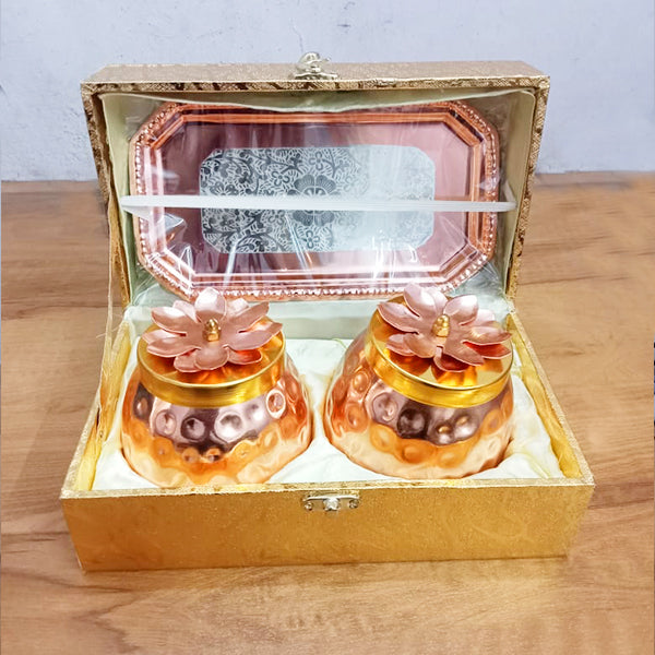 AM0720 Gold Plated Pot Shape Dry Fruit Bowl with Tray (Flower Design),