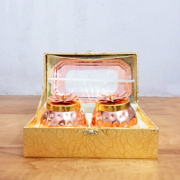 AM0720 Gold Plated Pot Shape Dry Fruit Bowl with Tray (Flower Design),