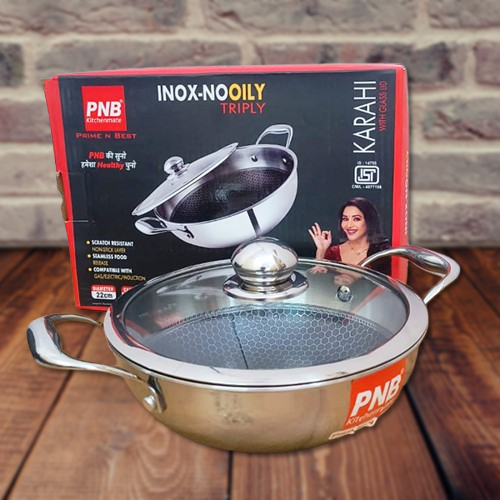 AM3923 PNB Kitchenmate Triply Karahi With Glass Lid 22cm