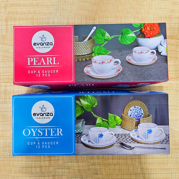 AM6002 Evanza Tableware Pearl & Oyster Cup & Saucer Set of 12 Pc