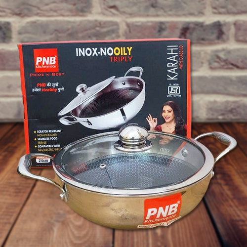 AM3926 PNB Kitchenmate Triply Karahi With Glass Lid 24cm
