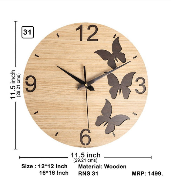 AM0607 Wooden Round Shape  Wall Clock Butterfly design for Home -11.5x11.5