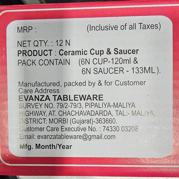 AM6002 Evanza Tableware Pearl & Oyster Cup & Saucer Set of 12 Pc