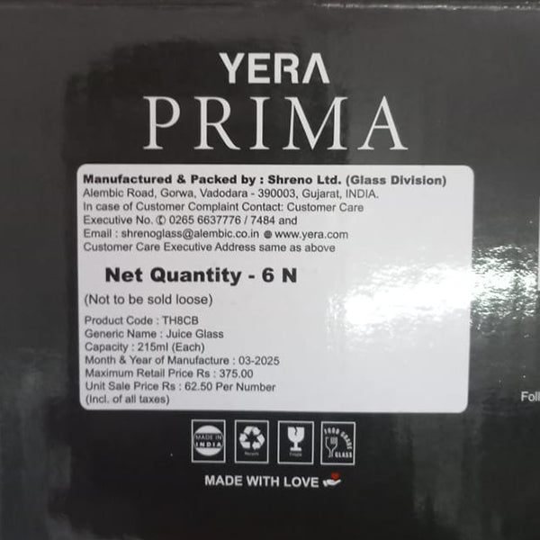 AM5211 YERA Prima ZEST Juice Glass Set of 6 Pcs - Each 215Ml