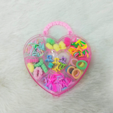 AM6221 Heart-Shaped Kids Hair Accessory Box – Colorful Rubber Bands, Clips & Scrunchies Set