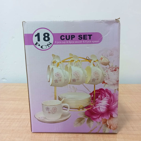 AM5956 Luxury White Porcelain Cup, Saucer & Spoon Set with Golden Stand – 18 Pieces