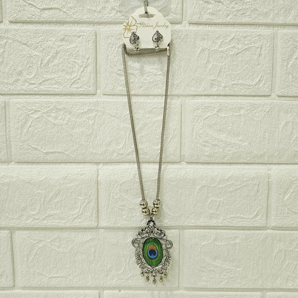 Di0043 Silver Plated Peacock Feather Pendant Necklace with Stud Earrings