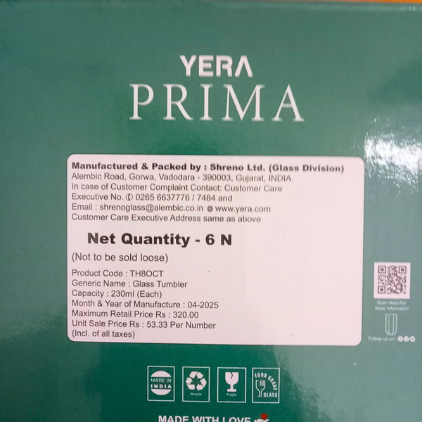 AM5441 YERA Prima Lisbon ZEST Juice Glass Tumbler-Set of 6 Pcs - Each 230Ml
