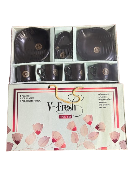 AM0313 V-Fresh 7 PCS Set, 4 PCS Cup, 2 PCS Platter, 1 PCS Chutney Bowl for Gifting and Personal USE